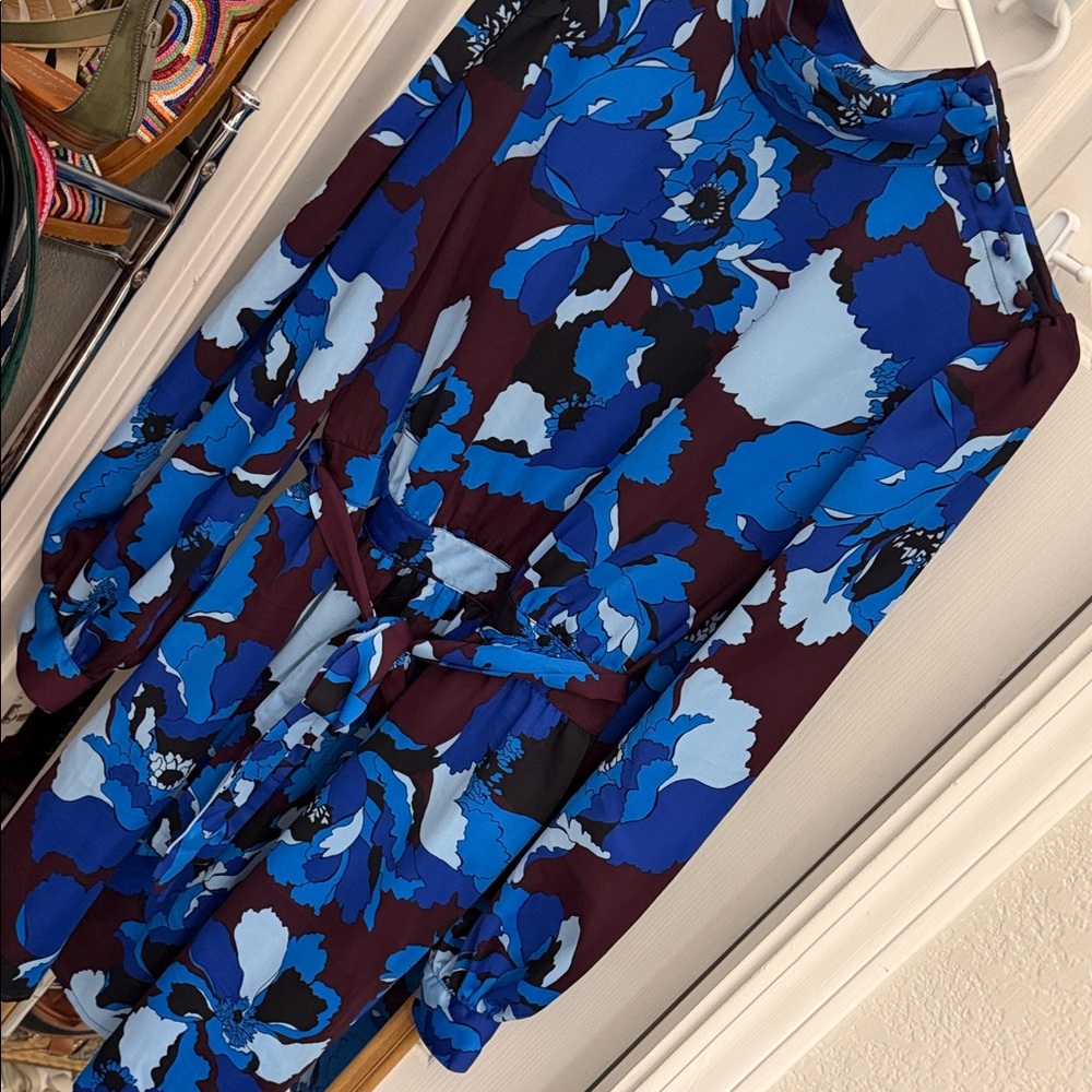 Floral Blue and Black Long Sleeve puff sleeve button neck Dress @&